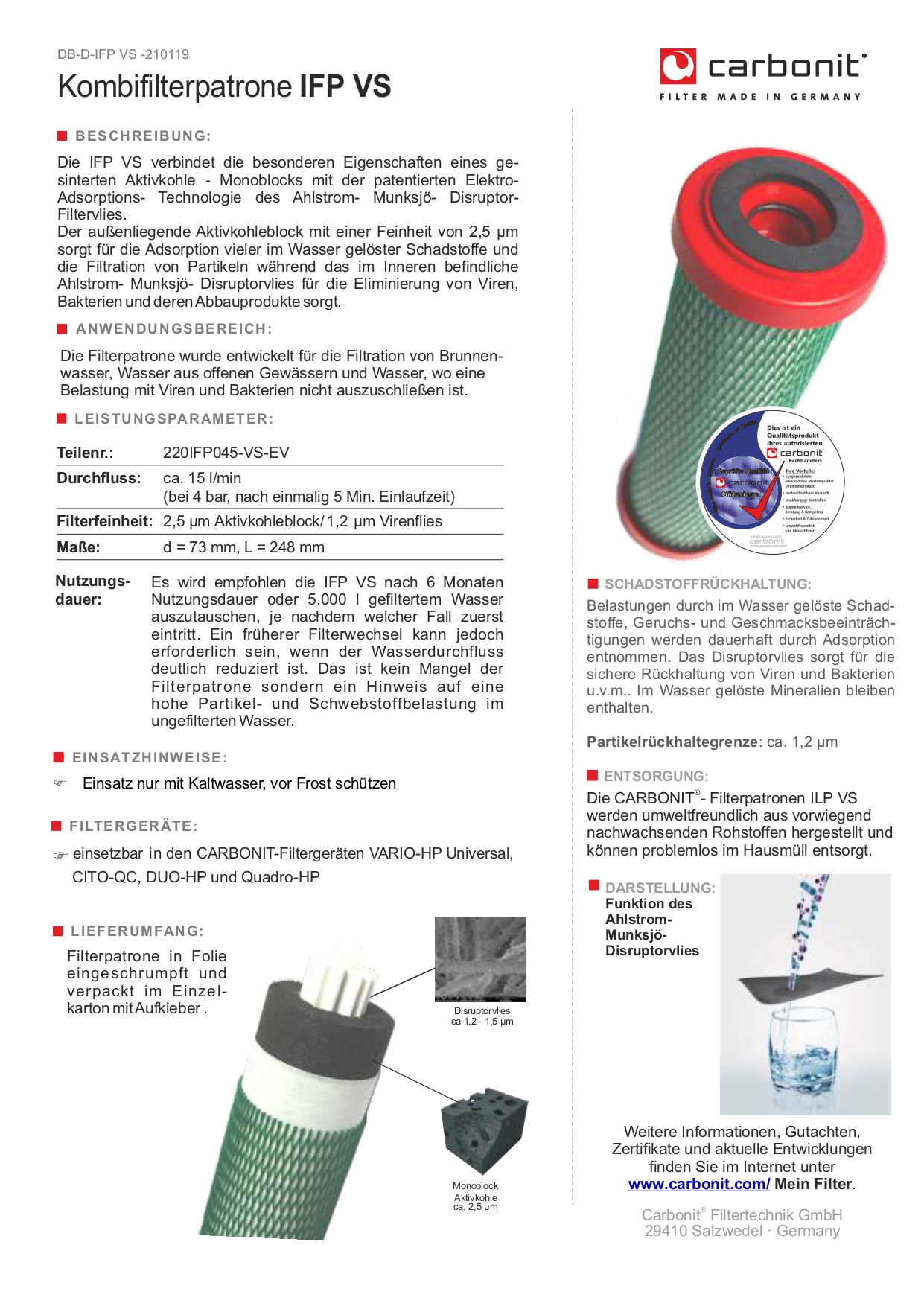 Cartucho Filtrante de agua IFP VS de Carbonit